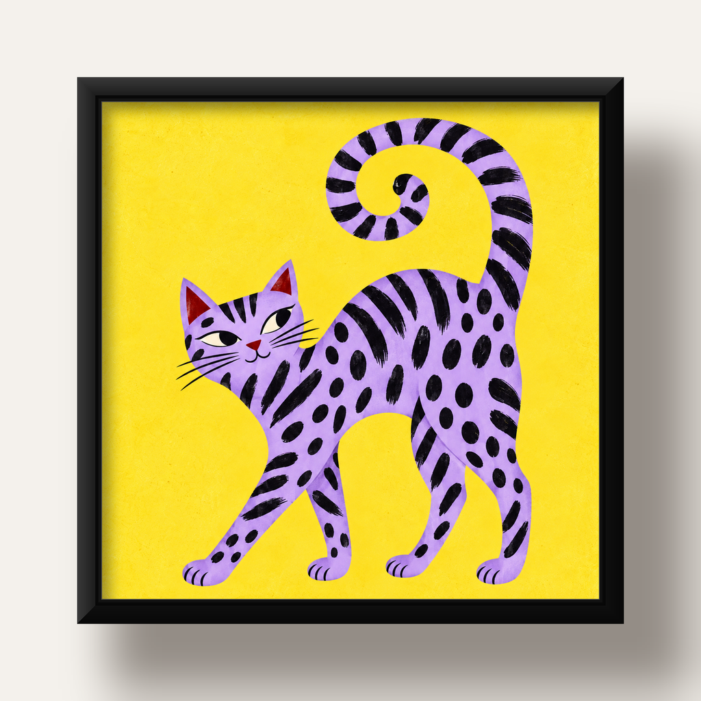 Mor Çizgili Kedi İllüstrasyonu Poster – Sevimli Sanat Baskısı — siyah derin çerçeveli