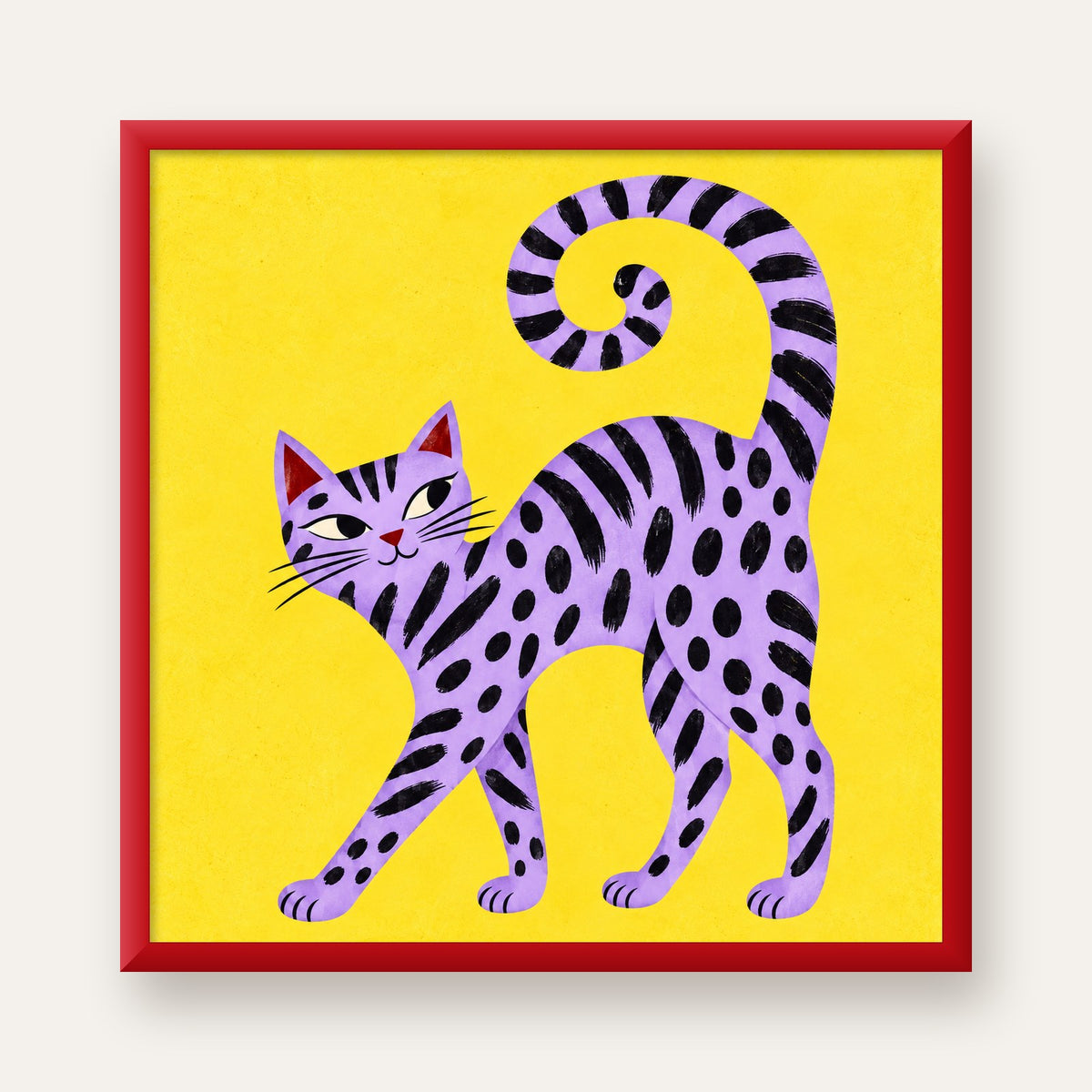 Mor Çizgili Kedi İllüstrasyonu Poster – Sevimli Sanat Baskısı — kırmızı çerçeveli