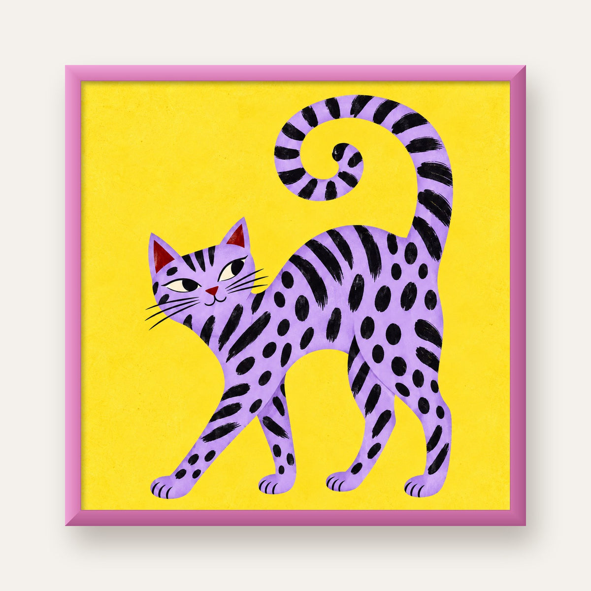 Mor Çizgili Kedi İllüstrasyonu Poster – Sevimli Sanat Baskısı — pembe çerçeveli