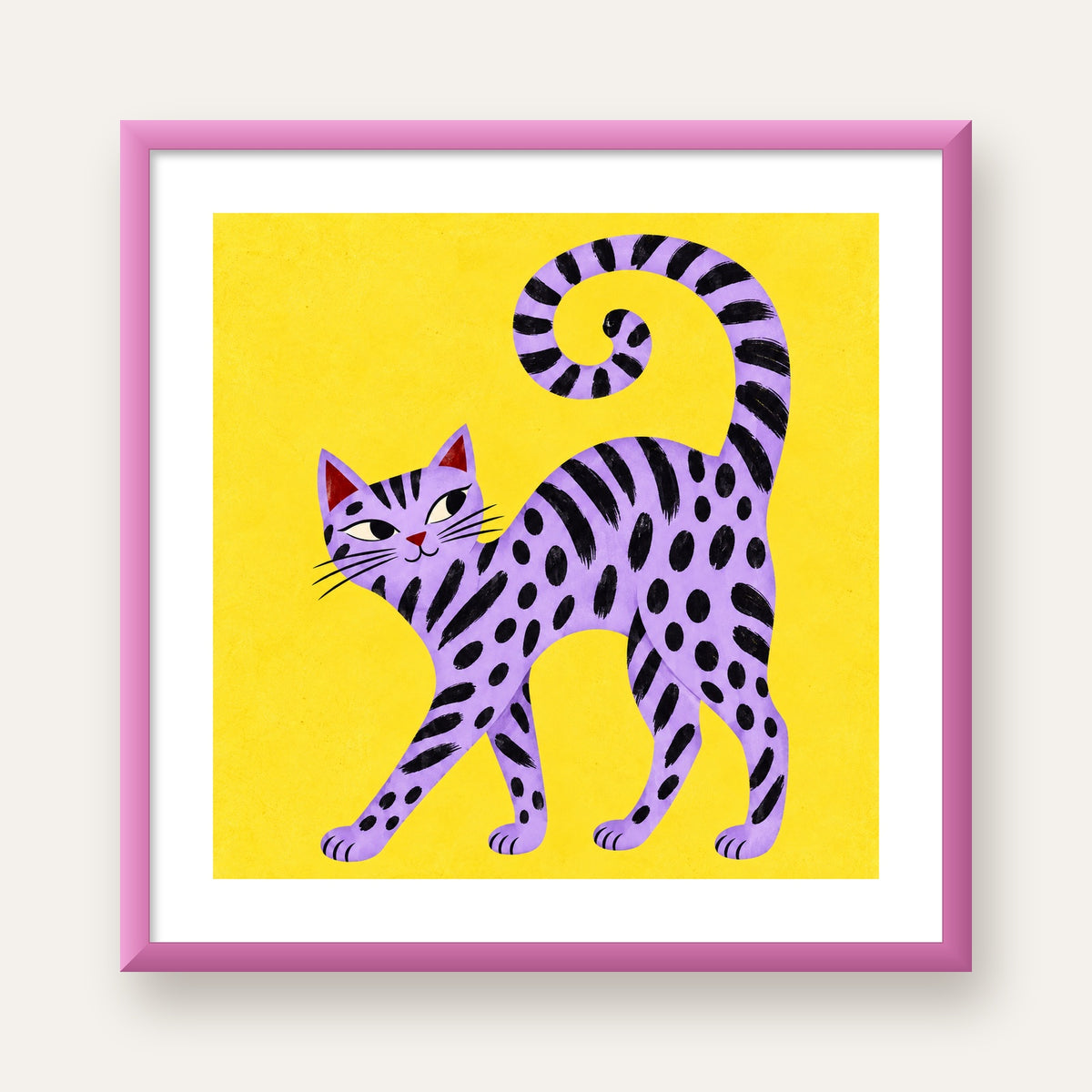 Mor Çizgili Kedi İllüstrasyonu Poster – Sevimli Sanat Baskısı — pembe çerçeveli paspartulu