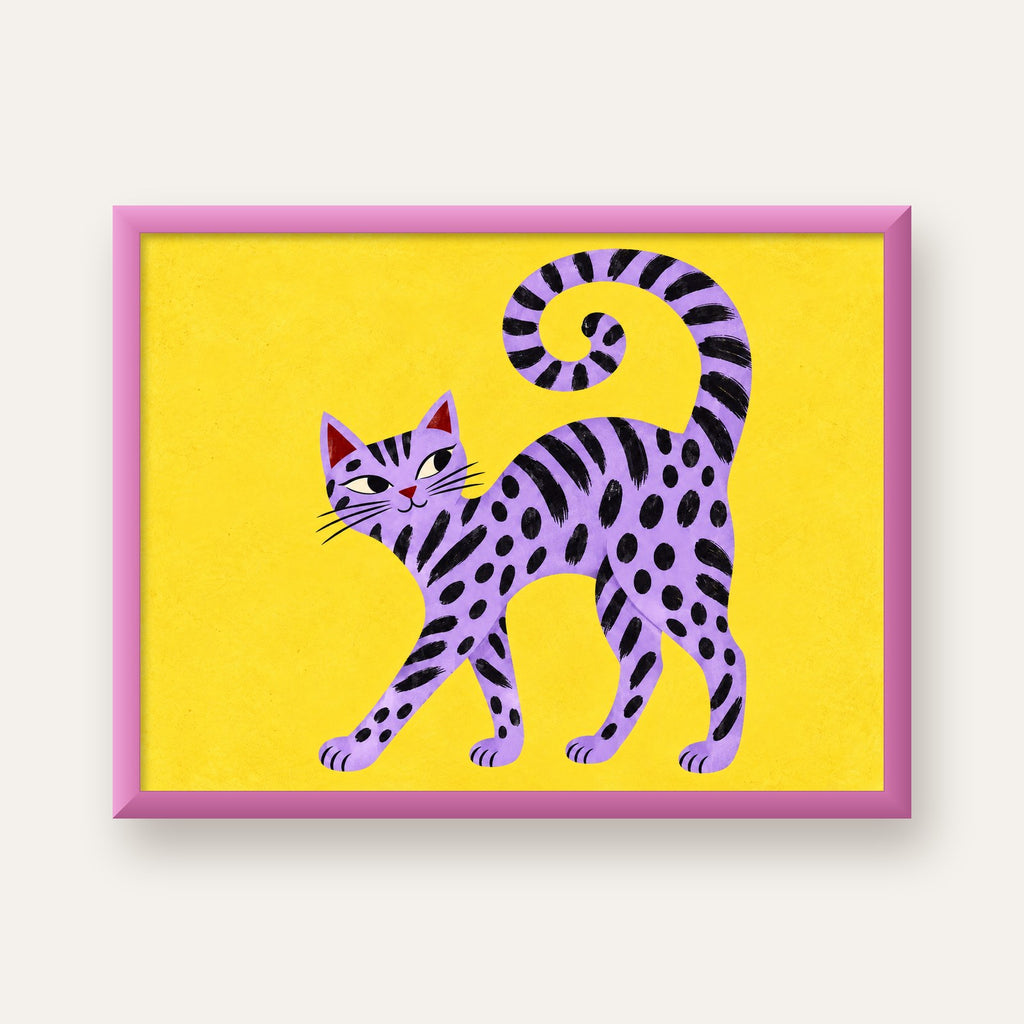 Mor Çizgili Kedi İllüstrasyonu Poster – Sevimli Sanat Baskısı — pembe çerçeveli