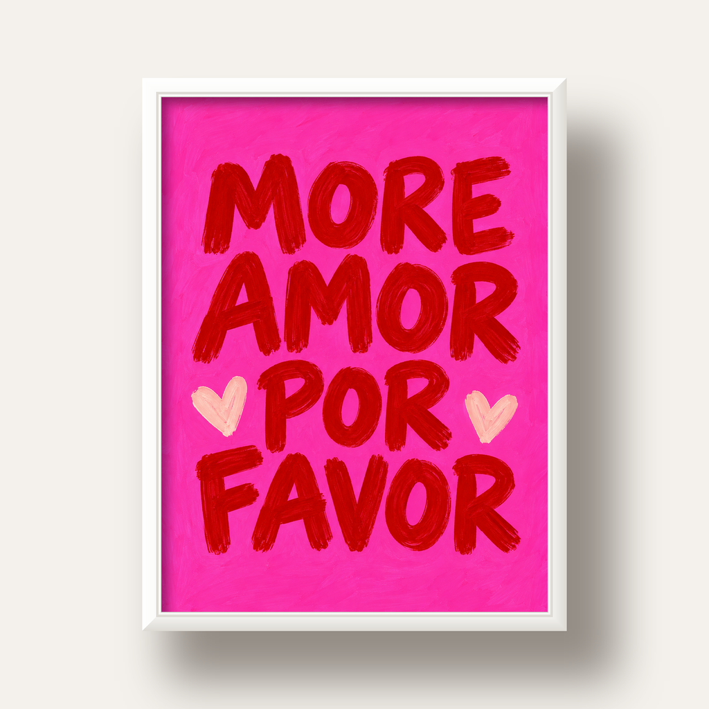 MORE AMOR POR FAVOR Renkli Kalp Desenli Poster — beyaz derin çerçeveli