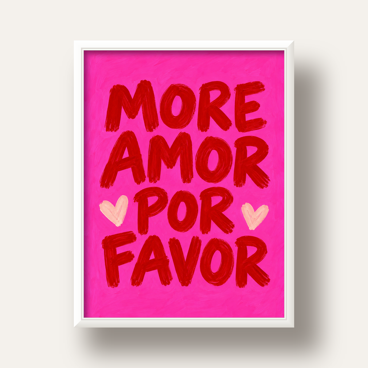 MORE AMOR POR FAVOR Renkli Kalp Desenli Poster — beyaz derin çerçeveli