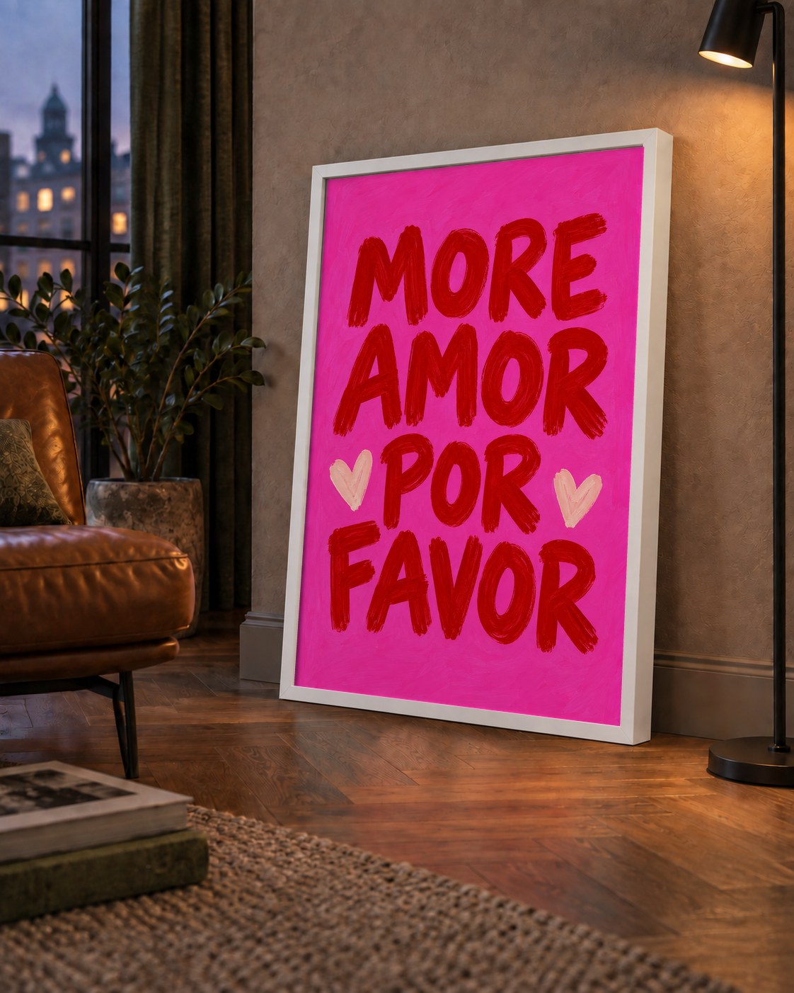 MORE AMOR POR FAVOR Renkli Kalp Desenli Poster — çerçeveli hâliyle bir ev duvarında