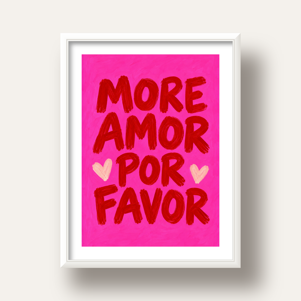 MORE AMOR POR FAVOR Renkli Kalp Desenli Poster — beyaz derin çerçeveli paspartulu
