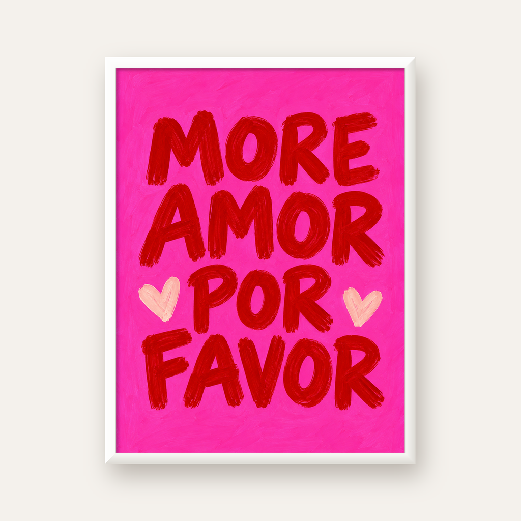 MORE AMOR POR FAVOR Renkli Kalp Desenli Poster — beyaz çerçeveli dikey poster