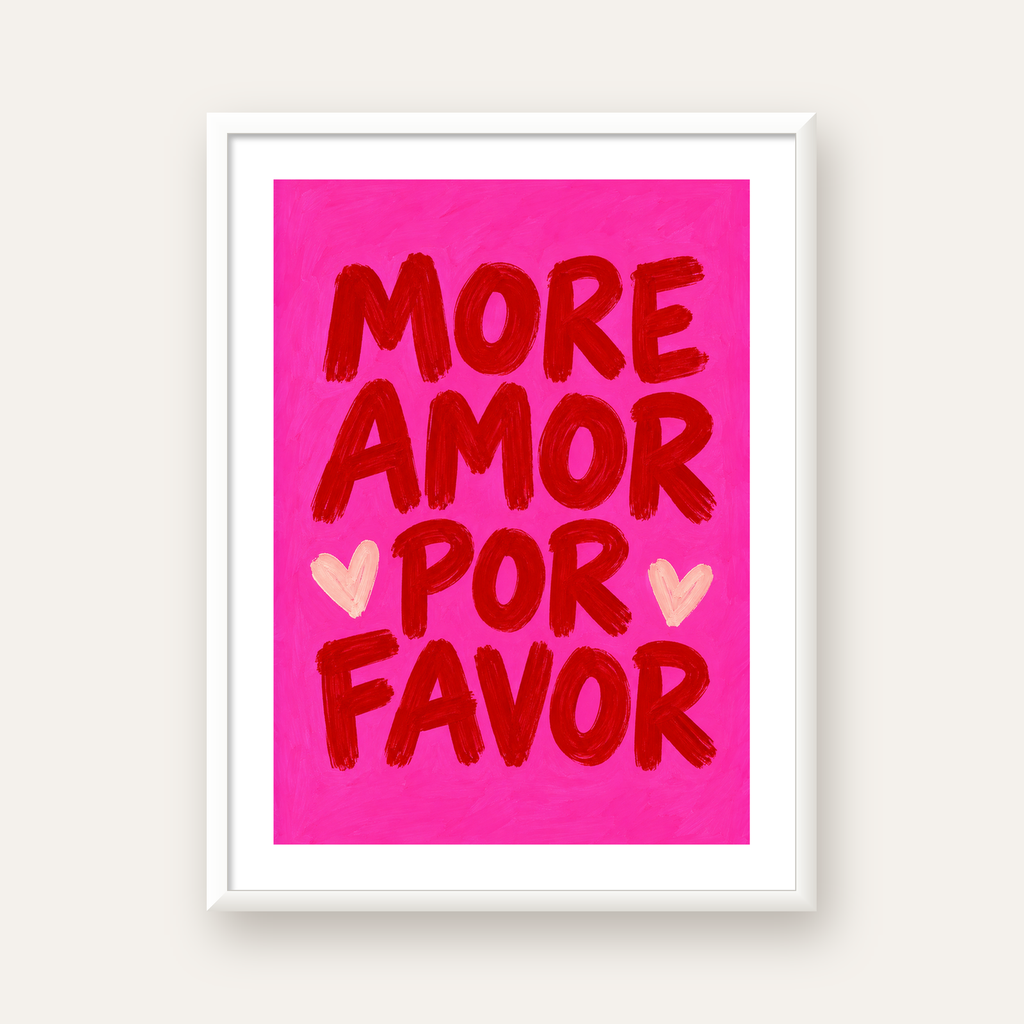 MORE AMOR POR FAVOR Renkli Kalp Desenli Poster — beyaz çerçeveli dikey poster