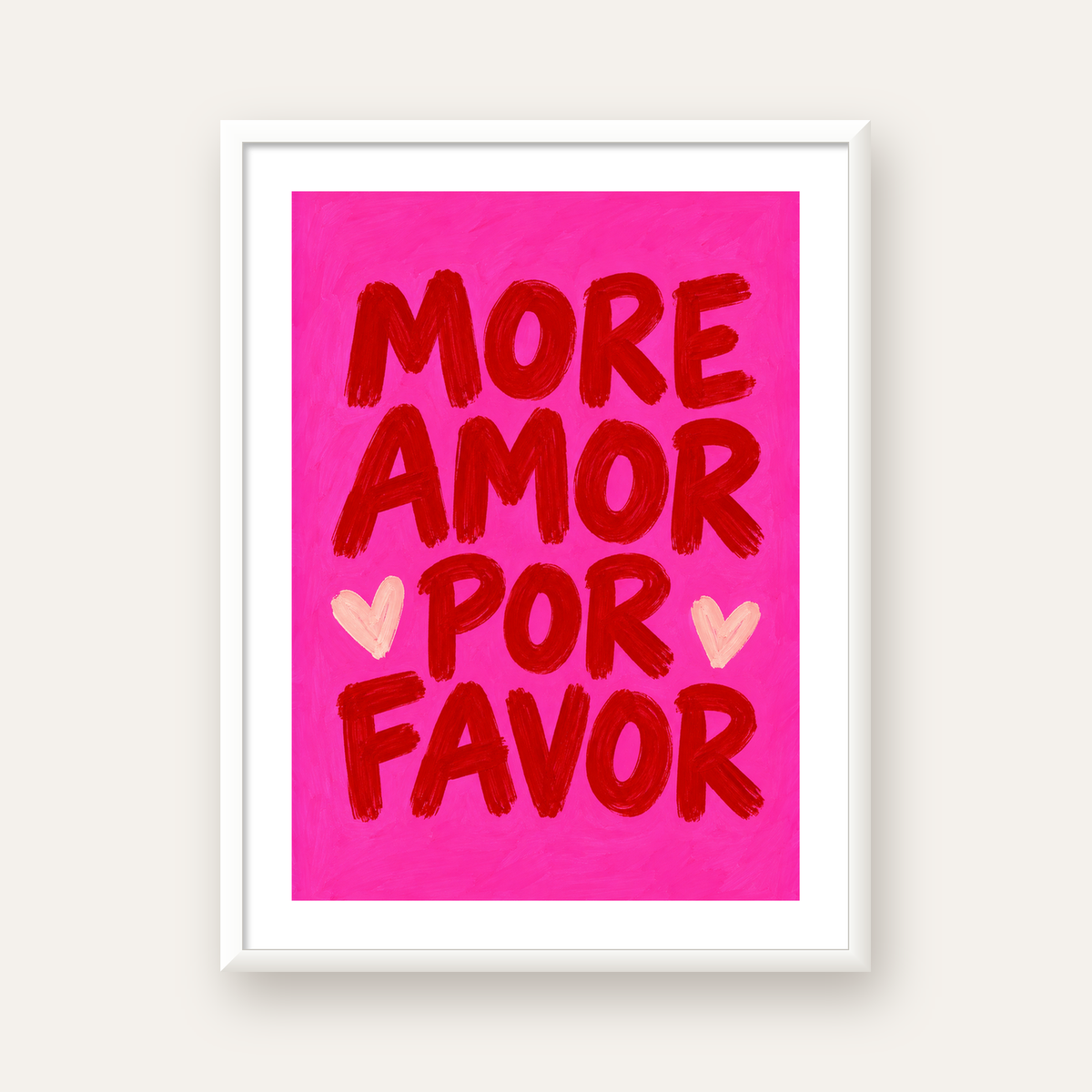 MORE AMOR POR FAVOR Renkli Kalp Desenli Poster — beyaz çerçeveli dikey poster