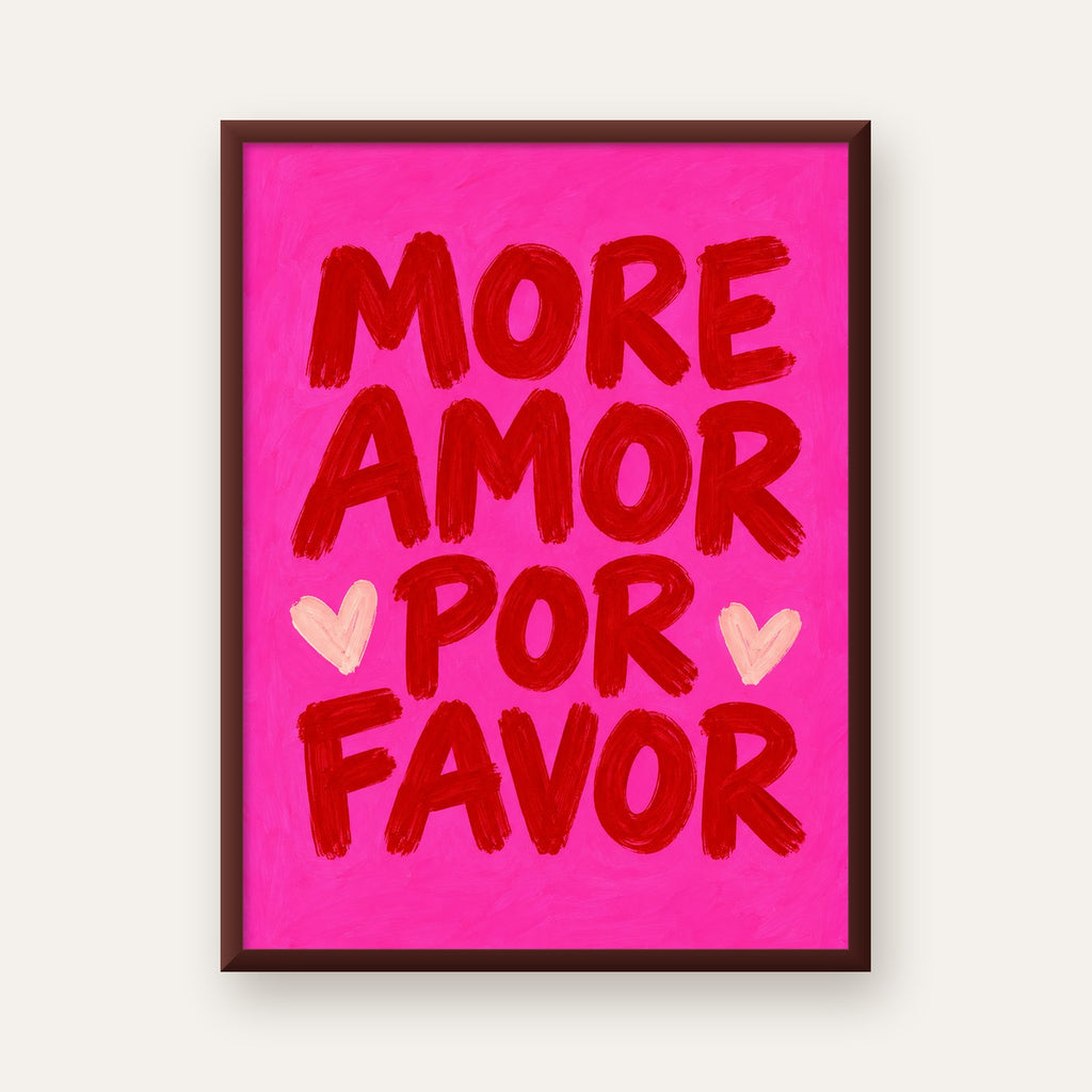 MORE AMOR POR FAVOR Renkli Kalp Desenli Poster — ceviz çerçeveli