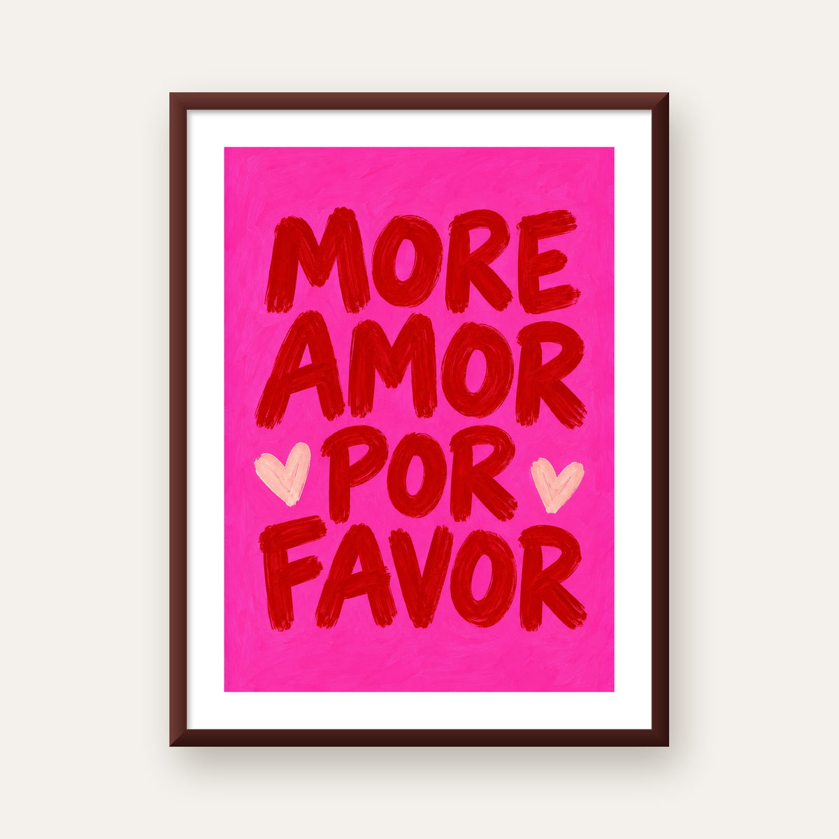 MORE AMOR POR FAVOR Renkli Kalp Desenli Poster — ceviz çerçeveli paspartulu