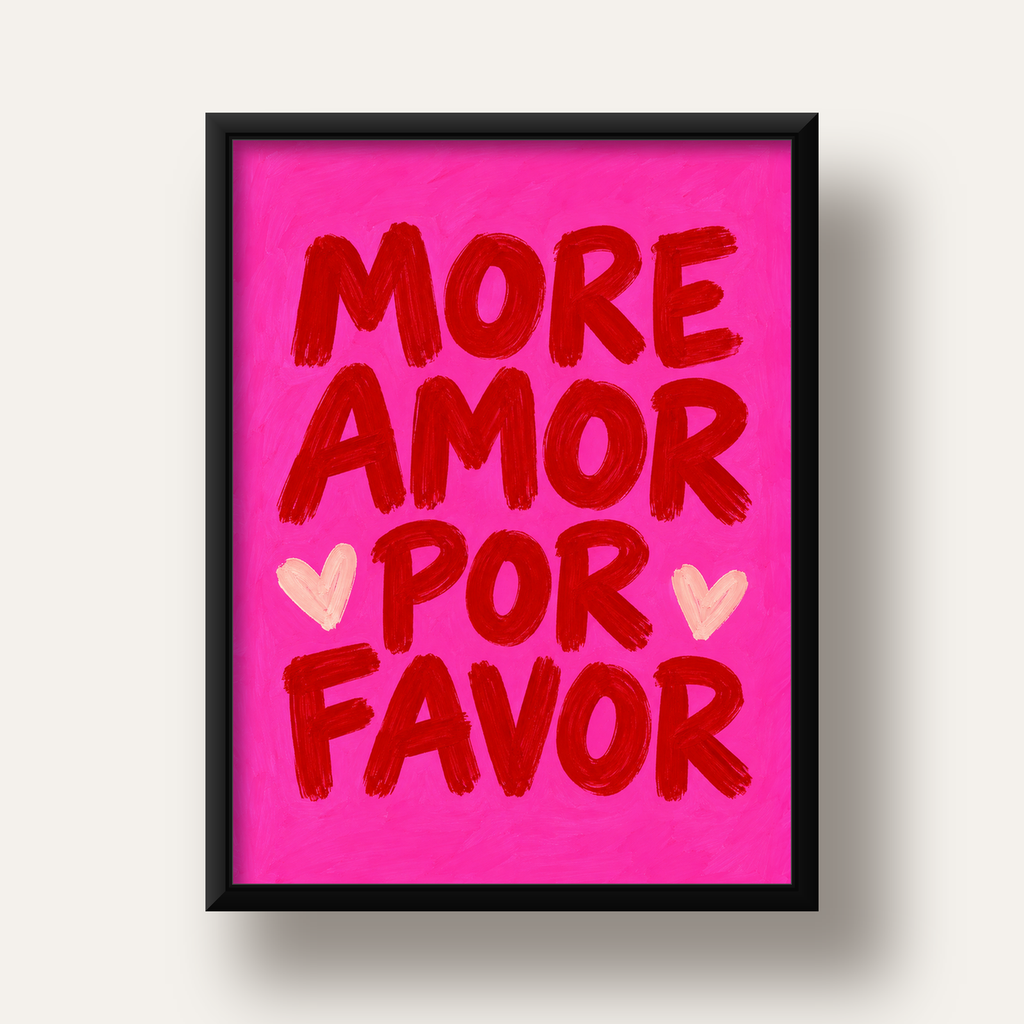 MORE AMOR POR FAVOR Renkli Kalp Desenli Poster — siyah derin çerçeveli