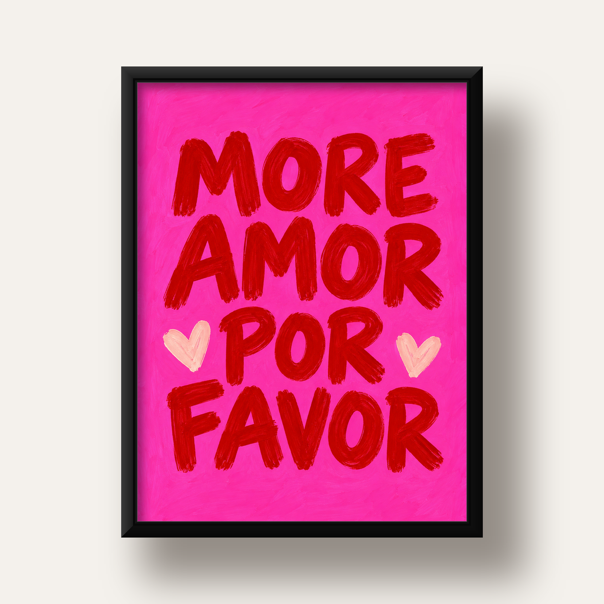 MORE AMOR POR FAVOR Renkli Kalp Desenli Poster — siyah derin çerçeveli