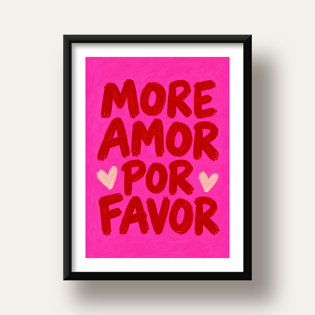 MORE AMOR POR FAVOR Renkli Kalp Desenli Poster — siyah derin çerçeveli paspartulu