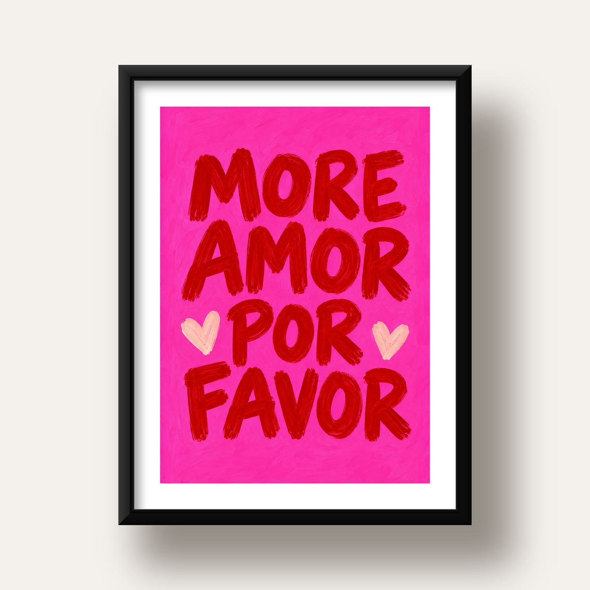MORE AMOR POR FAVOR Renkli Kalp Desenli Poster — siyah derin çerçeveli paspartulu