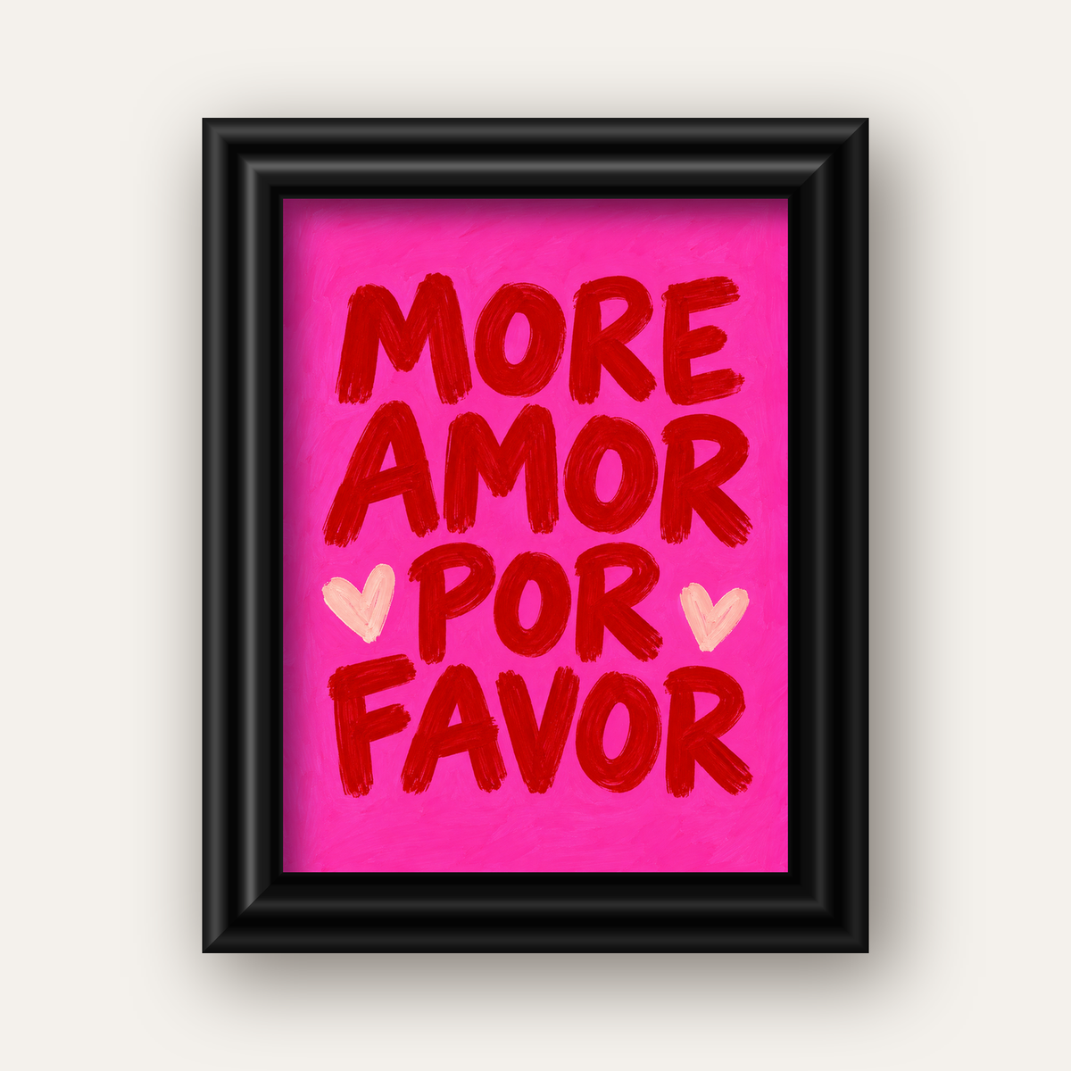 MORE AMOR POR FAVOR Renkli Kalp Desenli Poster — siyah galeri çerçeveli