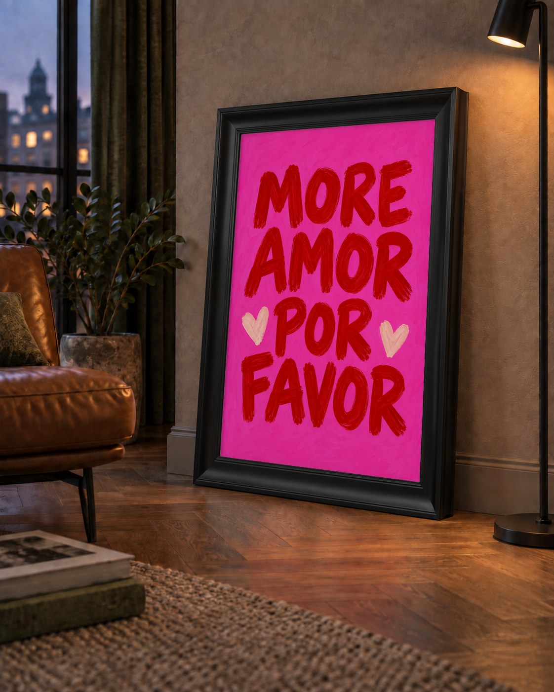 MORE AMOR POR FAVOR Renkli Kalp Desenli Poster — çerçeveli hâliyle bir ev duvarında