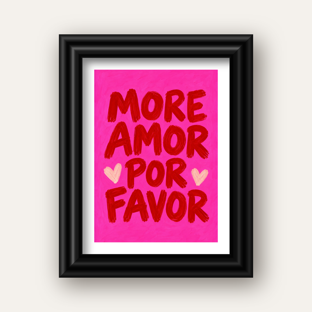 MORE AMOR POR FAVOR Renkli Kalp Desenli Poster — siyah galeri çerçeveli paspartulu