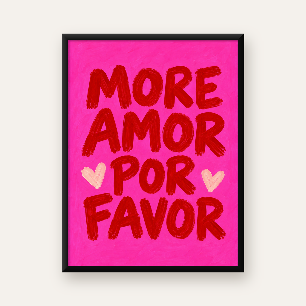 More Amor Por Favor Renkli Tipografik Aşk Posteri — Dikey baskı, düz siyah çerçeveli duvar posteri