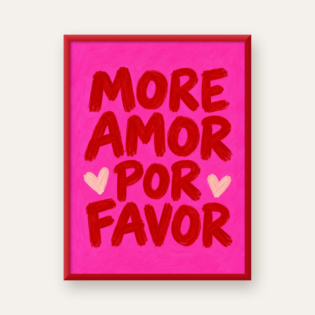 MORE AMOR POR FAVOR Renkli Kalp Desenli Poster — kırmızı çerçeveli