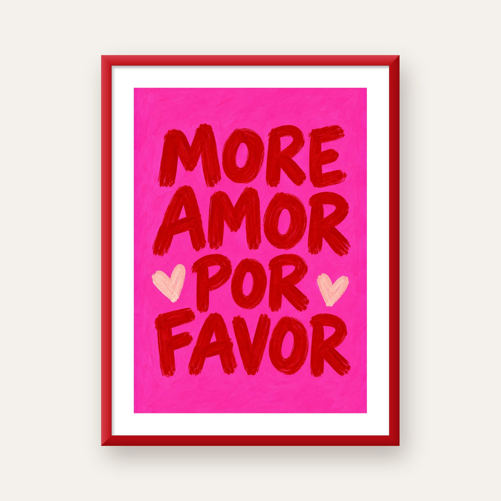 MORE AMOR POR FAVOR Renkli Kalp Desenli Poster — kırmızı çerçeveli paspartulu