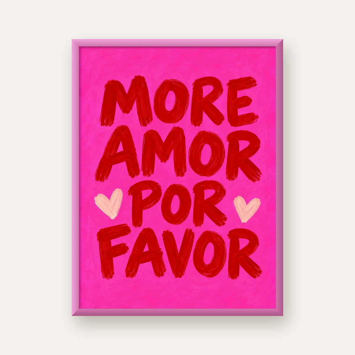 MORE AMOR POR FAVOR Renkli Kalp Desenli Poster — pembe çerçeveli