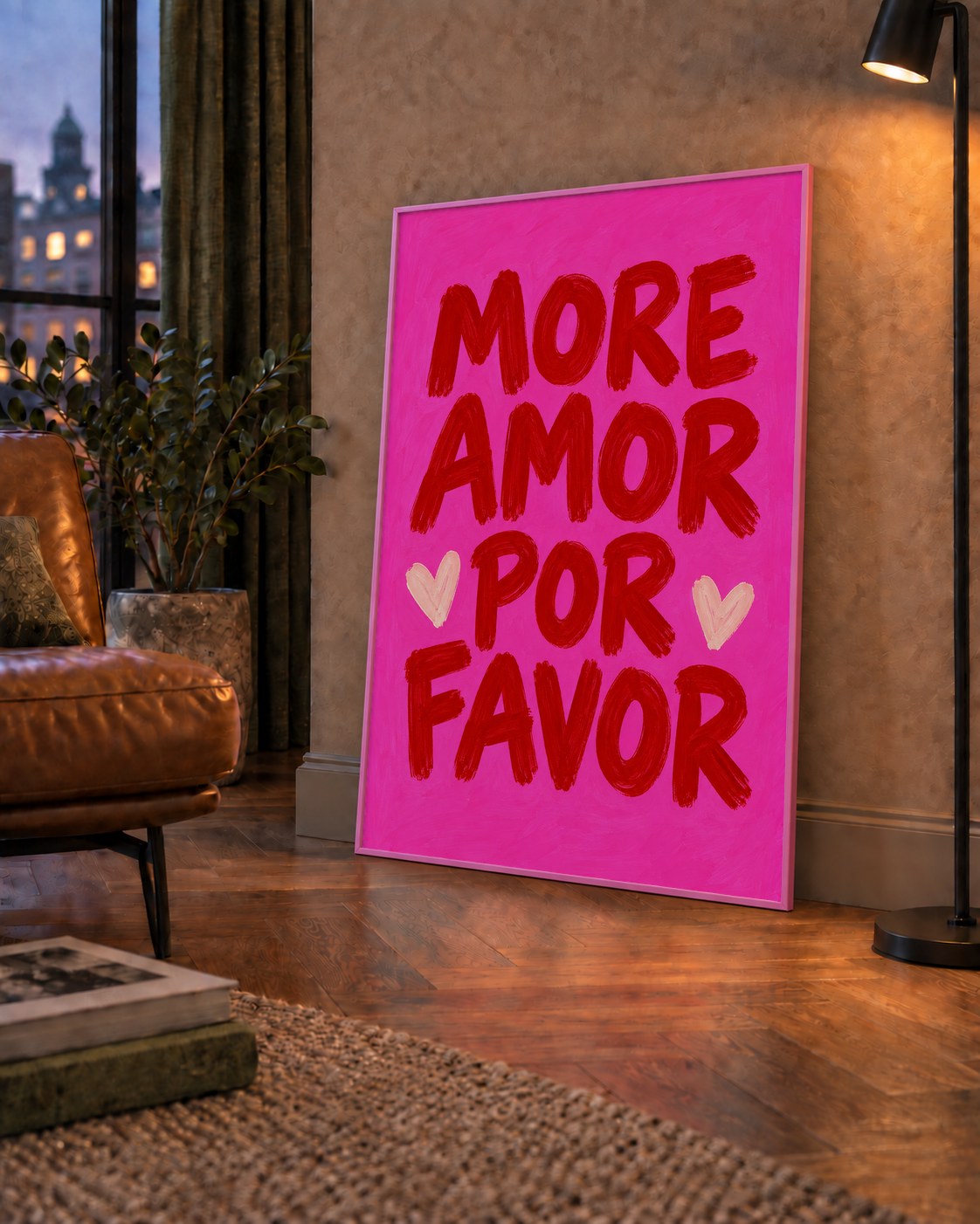 MORE AMOR POR FAVOR Renkli Kalp Desenli Poster — çerçeveli hâliyle bir ev duvarında