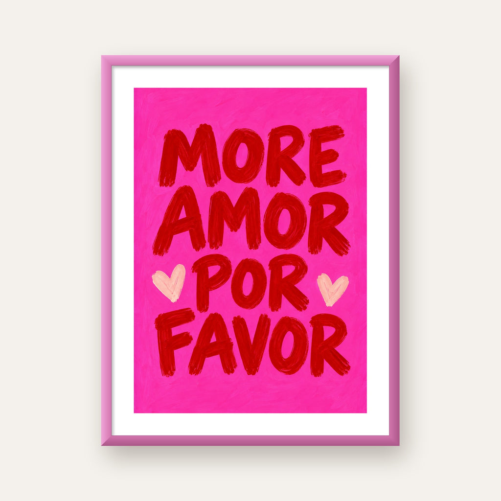 MORE AMOR POR FAVOR Renkli Kalp Desenli Poster — pembe çerçeveli paspartulu
