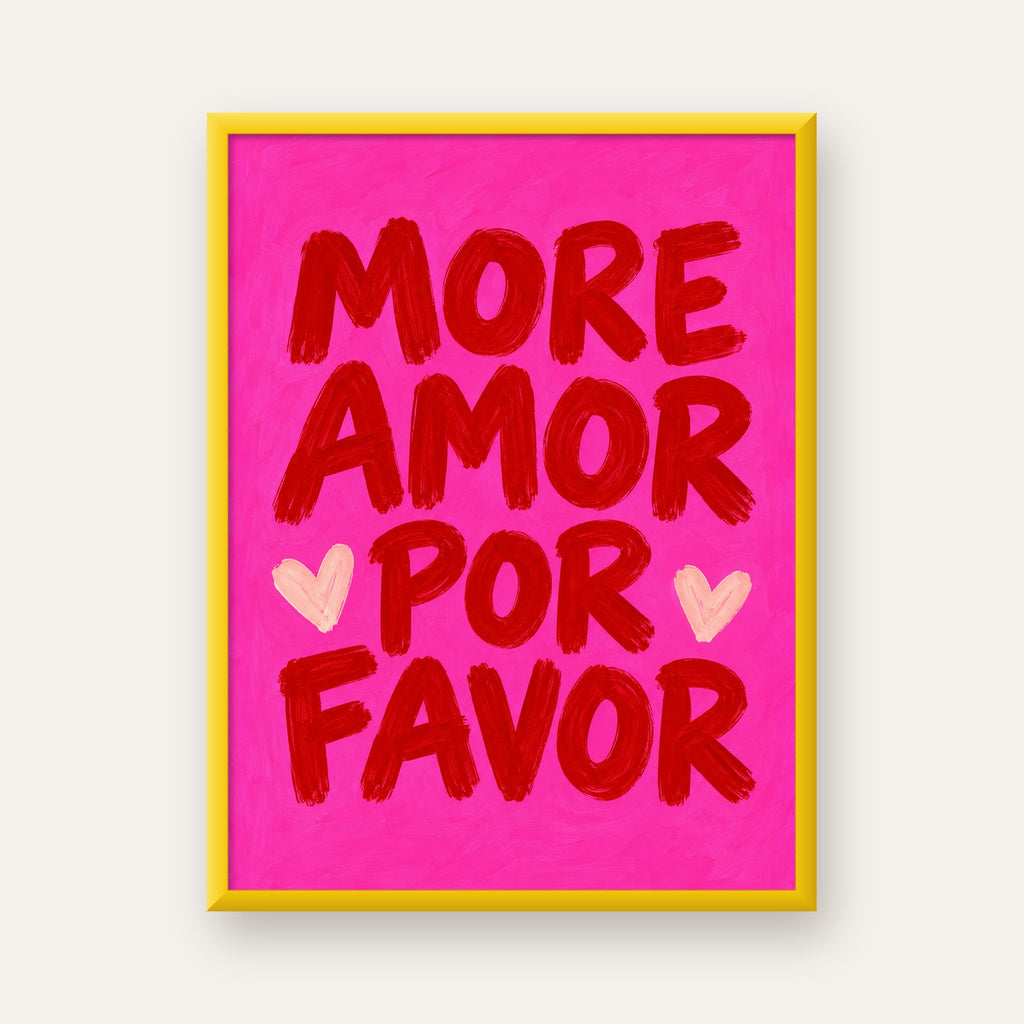 MORE AMOR POR FAVOR Renkli Kalp Desenli Poster — sarı çerçeveli