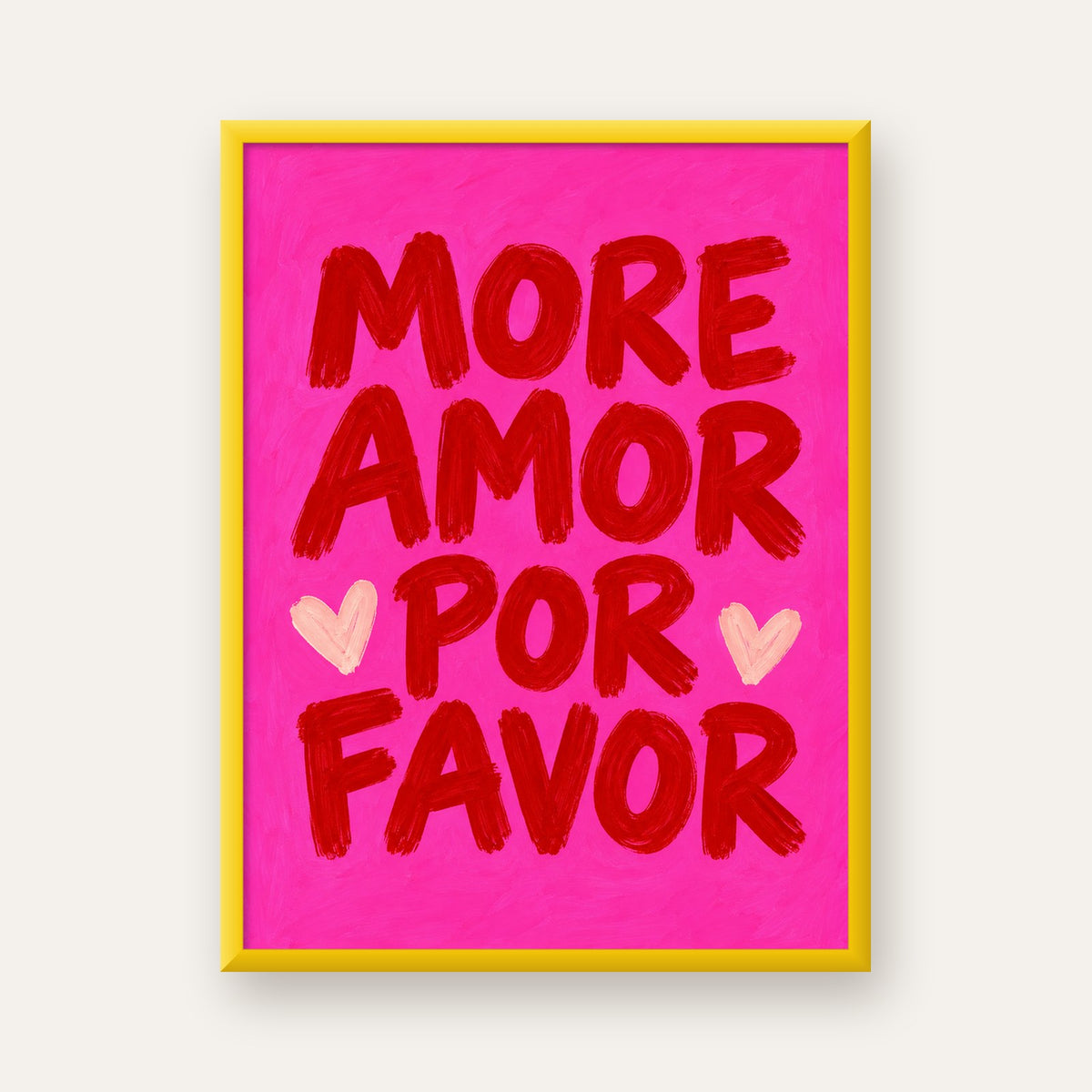 MORE AMOR POR FAVOR Renkli Kalp Desenli Poster — sarı çerçeveli