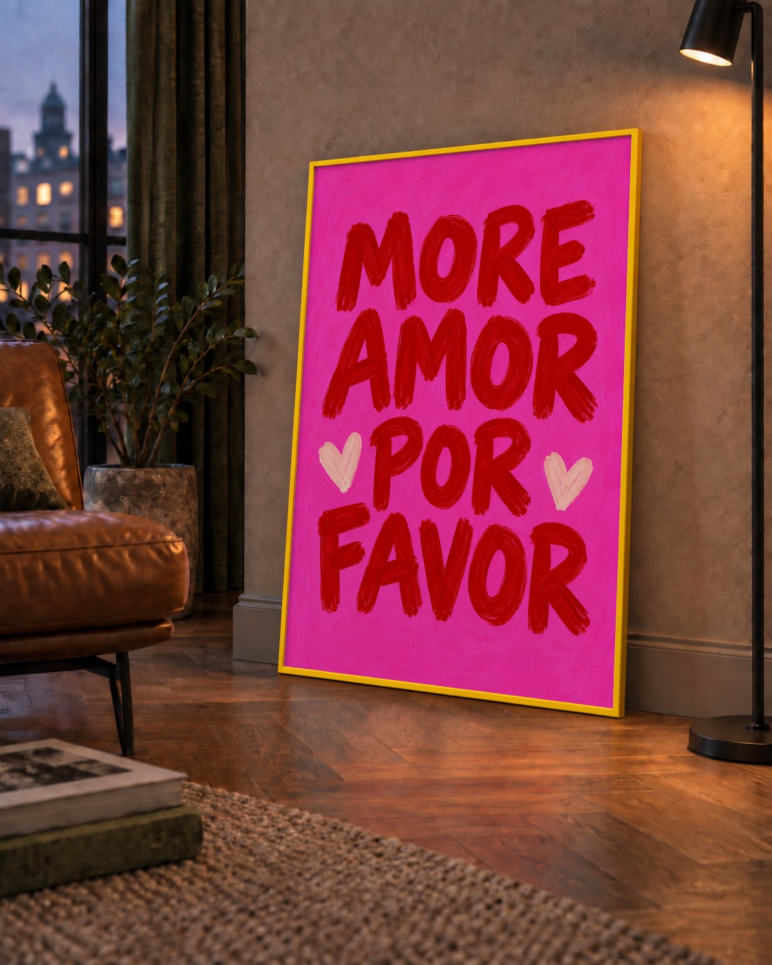 MORE AMOR POR FAVOR Renkli Kalp Desenli Poster — çerçeveli hâliyle bir ev duvarında