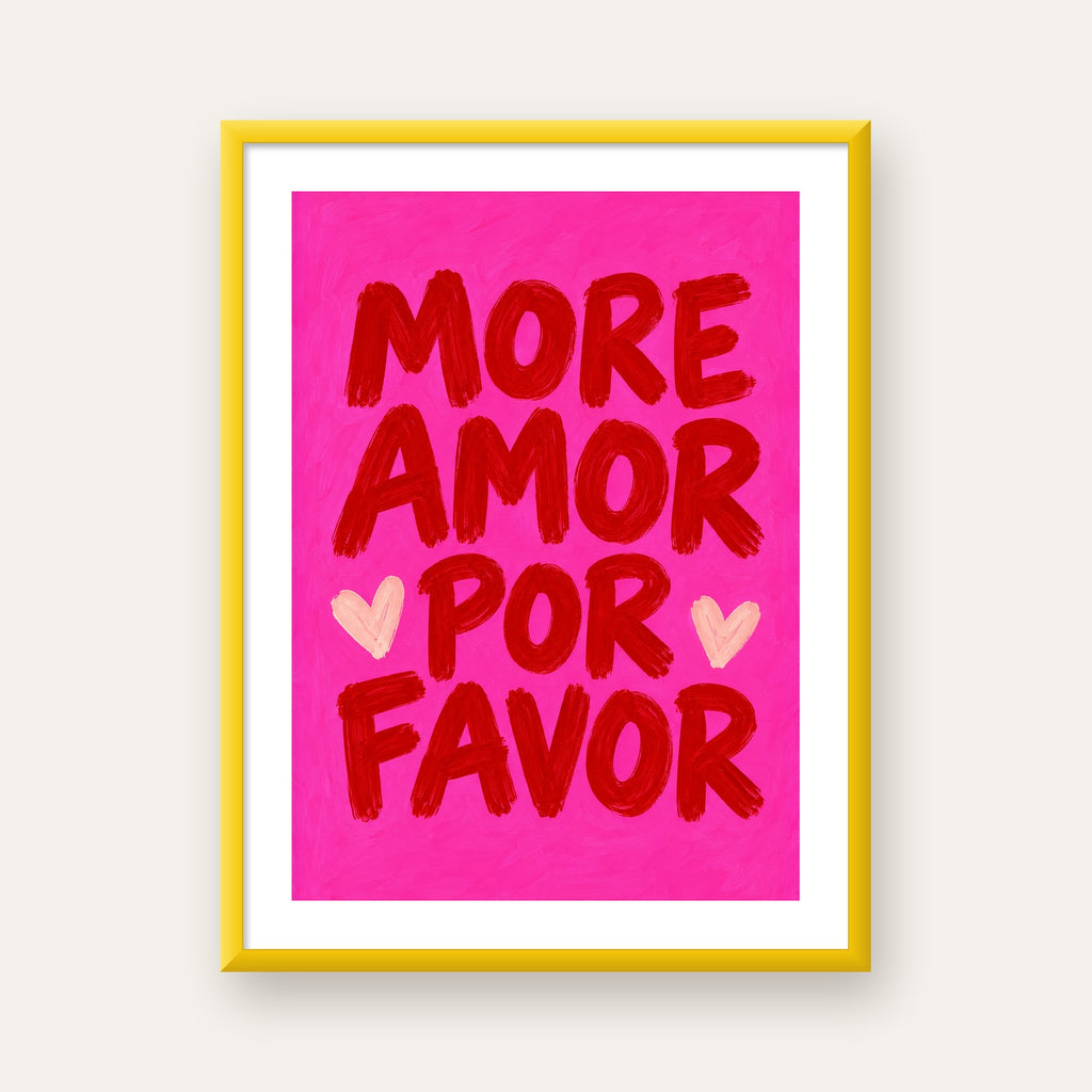 MORE AMOR POR FAVOR Renkli Kalp Desenli Poster — sarı çerçeveli paspartulu