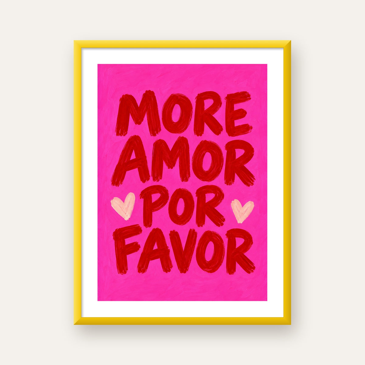 MORE AMOR POR FAVOR Renkli Kalp Desenli Poster — sarı çerçeveli paspartulu