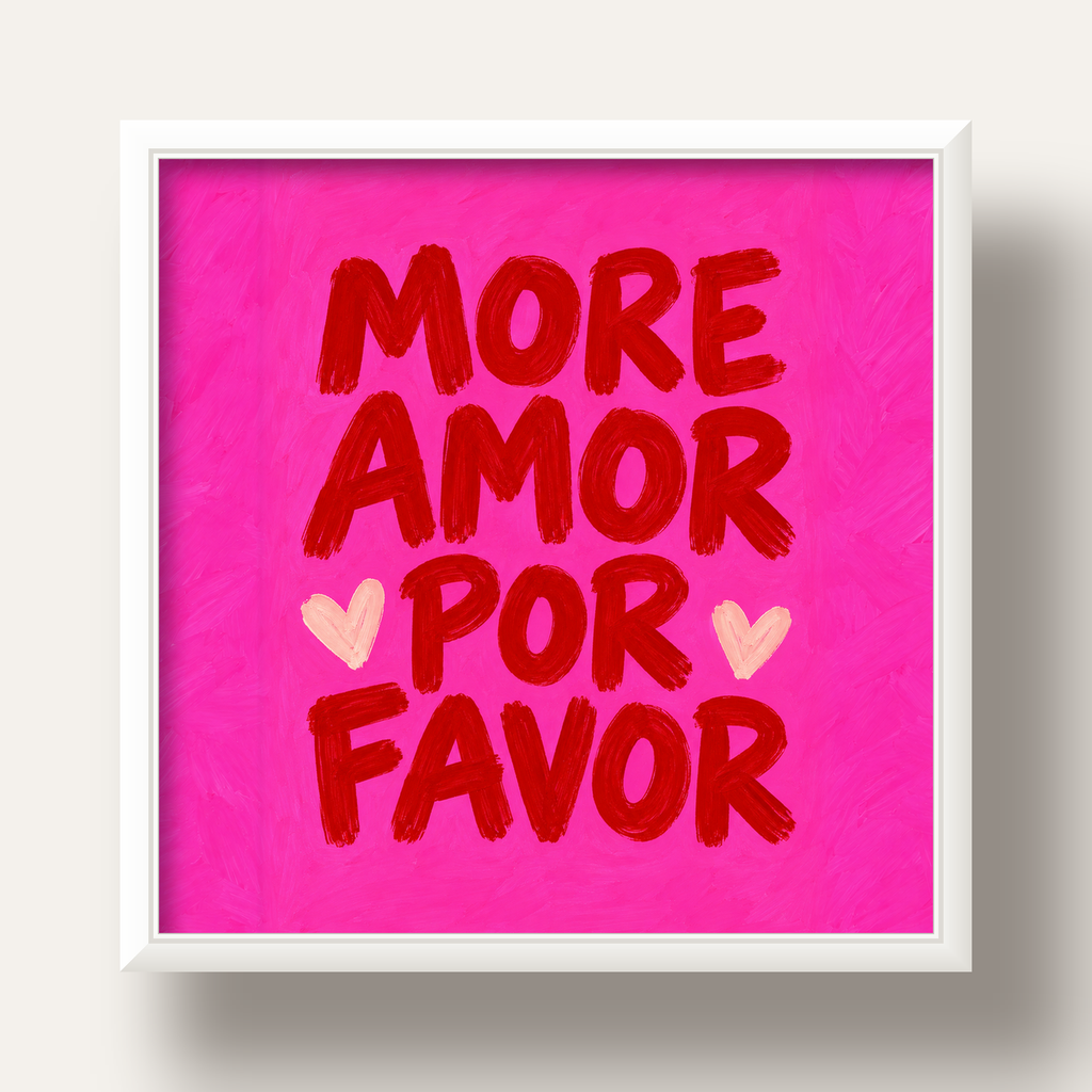 MORE AMOR POR FAVOR Renkli Kalp Desenli Poster — beyaz derin çerçeveli