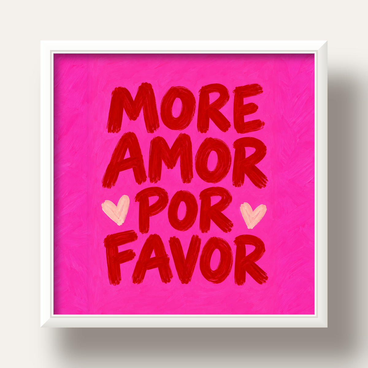 MORE AMOR POR FAVOR Renkli Kalp Desenli Poster — beyaz derin çerçeveli