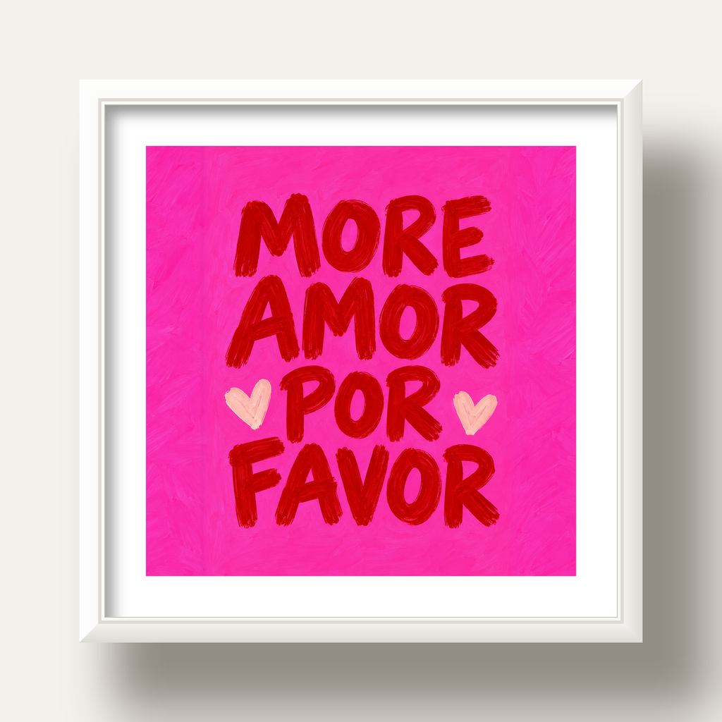 MORE AMOR POR FAVOR Renkli Kalp Desenli Poster — beyaz derin çerçeveli paspartulu