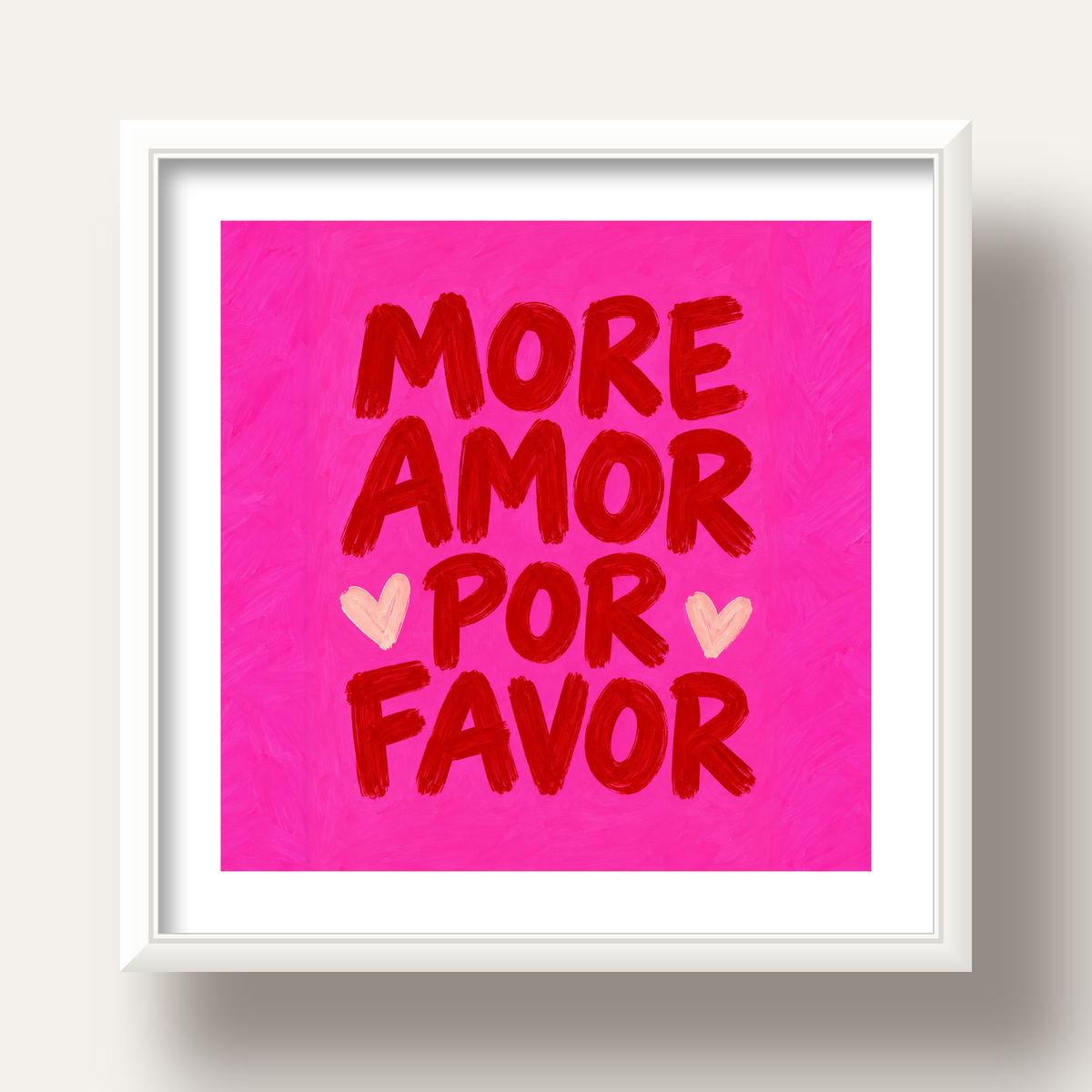 MORE AMOR POR FAVOR Renkli Kalp Desenli Poster — beyaz derin çerçeveli paspartulu