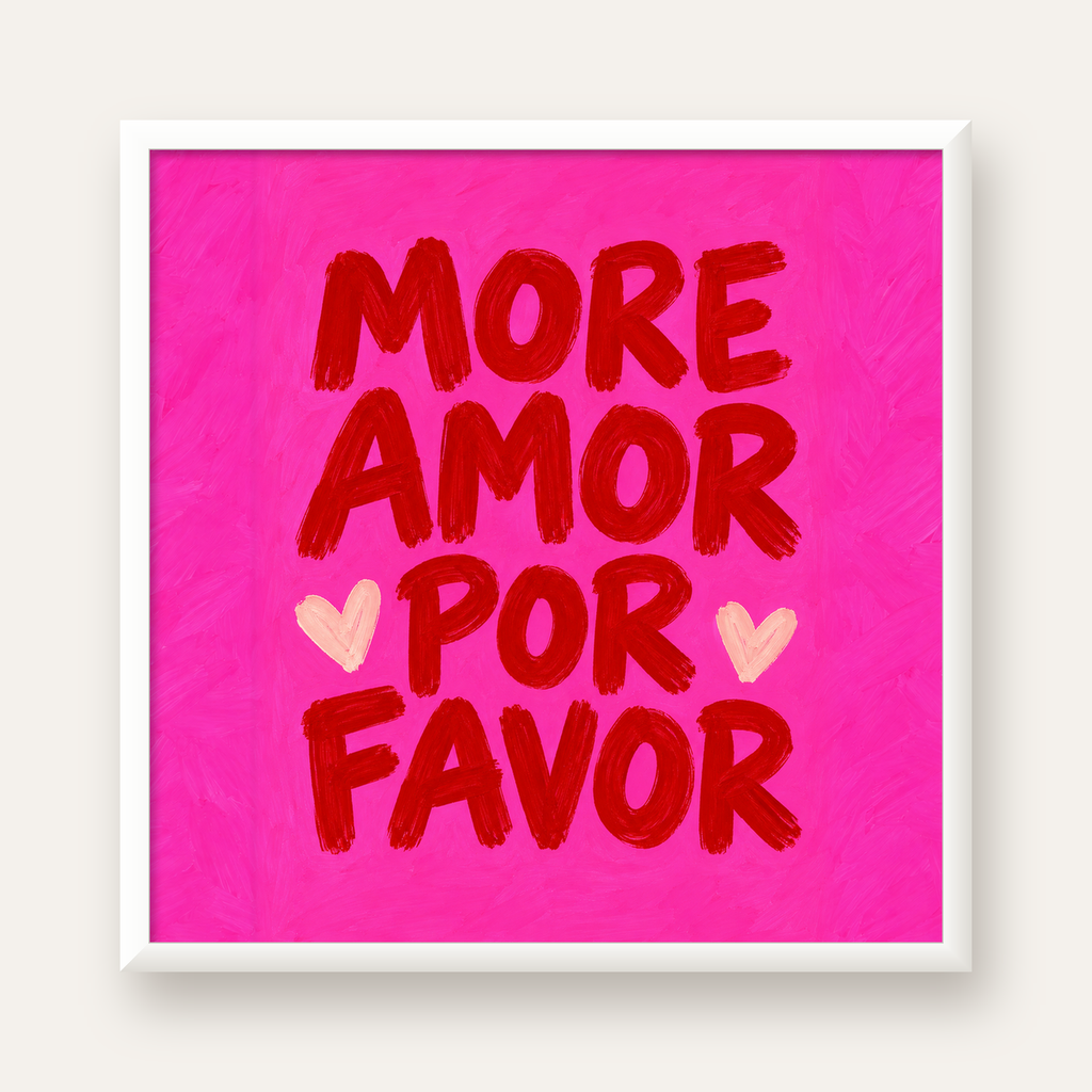 MORE AMOR POR FAVOR Renkli Kalp Desenli Poster — beyaz çerçeveli kare poster