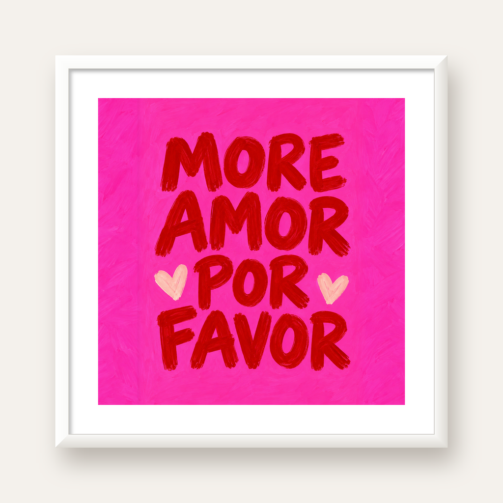 MORE AMOR POR FAVOR Renkli Kalp Desenli Poster — beyaz çerçeveli kare poster