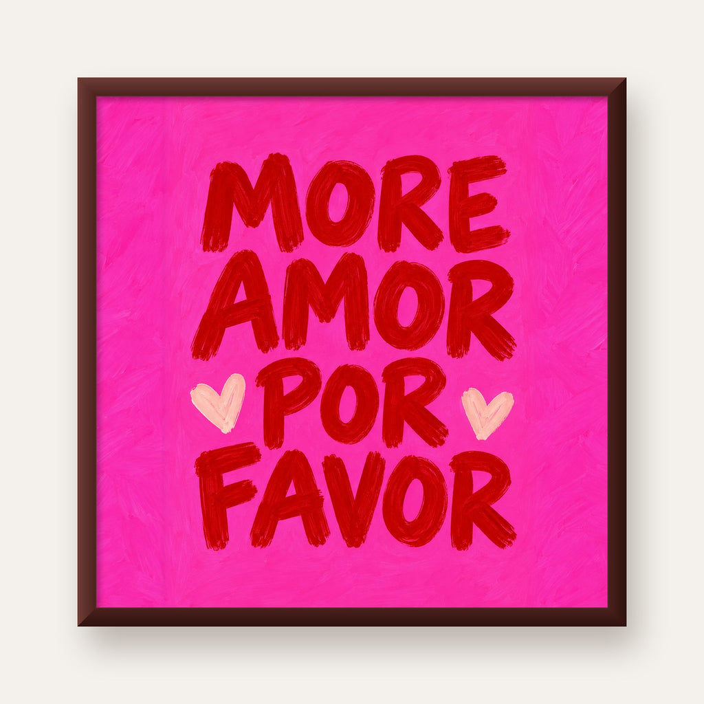 MORE AMOR POR FAVOR Renkli Kalp Desenli Poster — ceviz çerçeveli