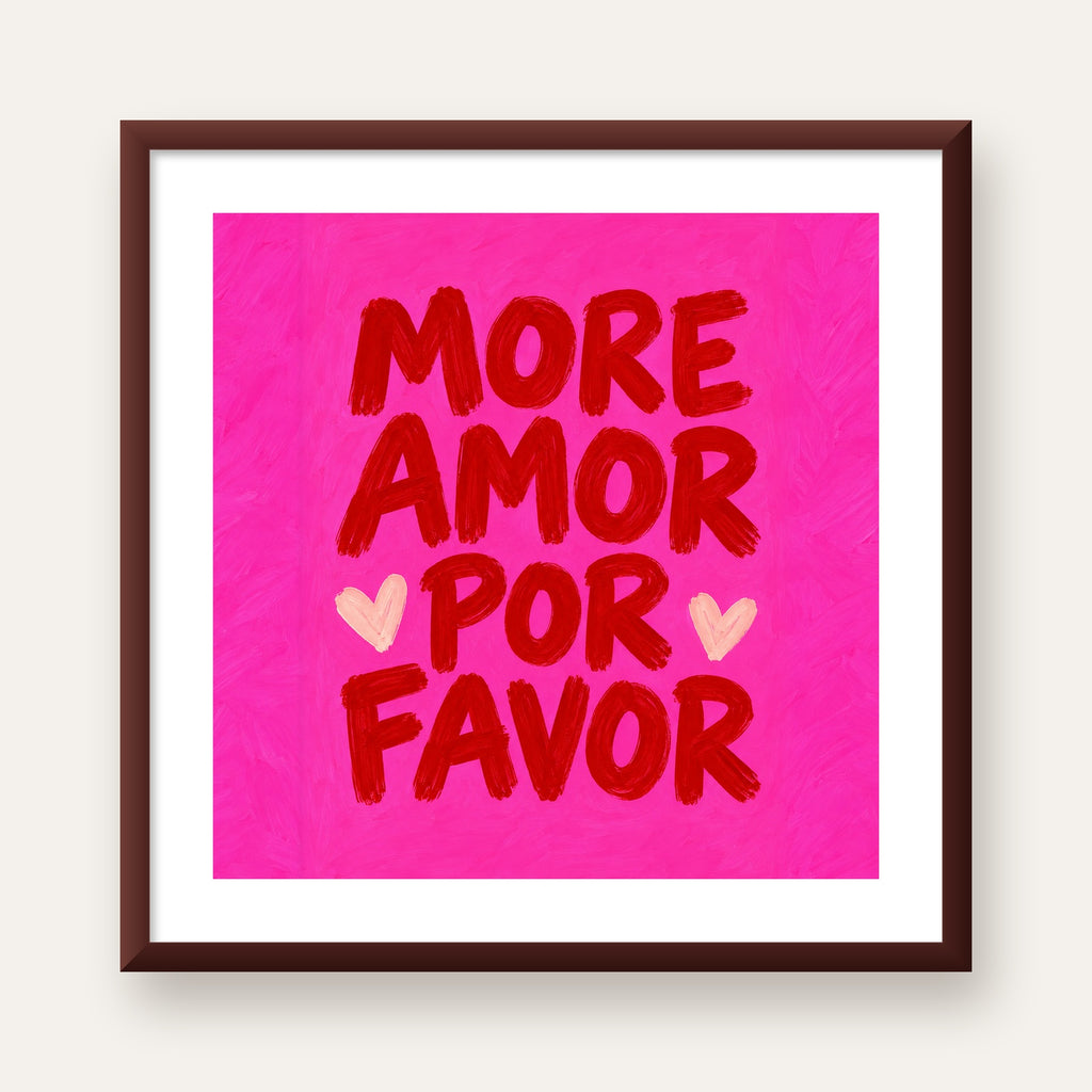 MORE AMOR POR FAVOR Renkli Kalp Desenli Poster — ceviz çerçeveli paspartulu