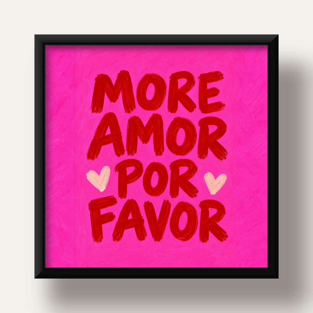 MORE AMOR POR FAVOR Renkli Kalp Desenli Poster — siyah derin çerçeveli