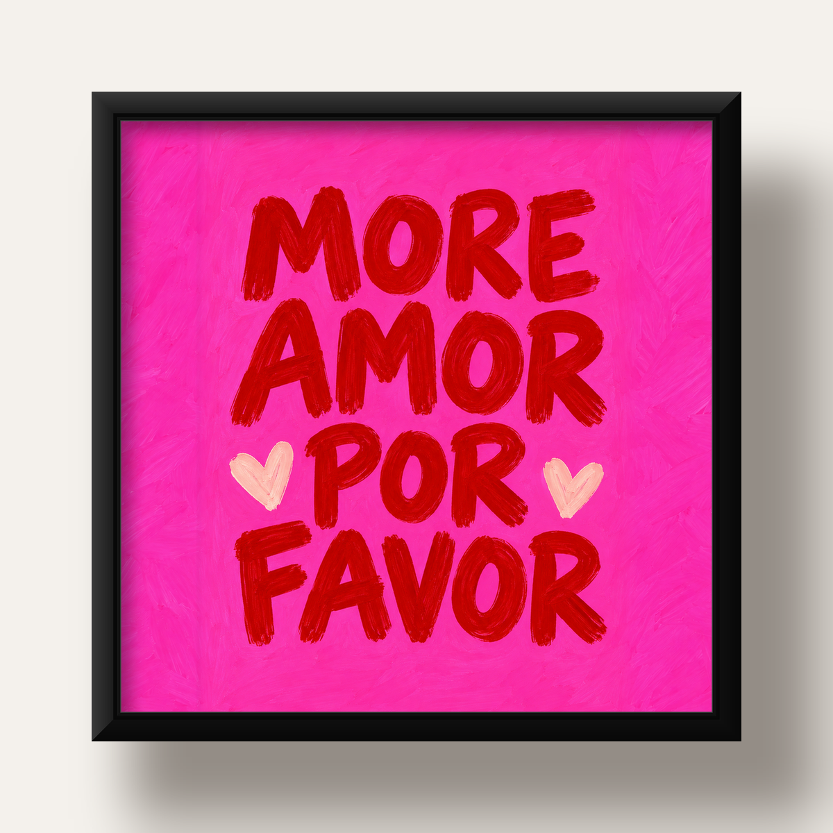 MORE AMOR POR FAVOR Renkli Kalp Desenli Poster — siyah derin çerçeveli