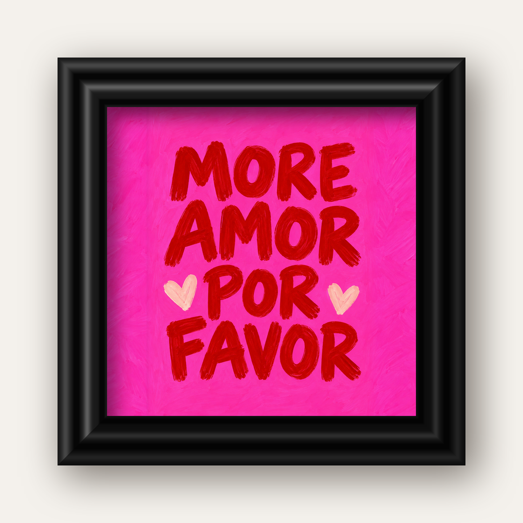 MORE AMOR POR FAVOR Renkli Kalp Desenli Poster — siyah galeri çerçeveli