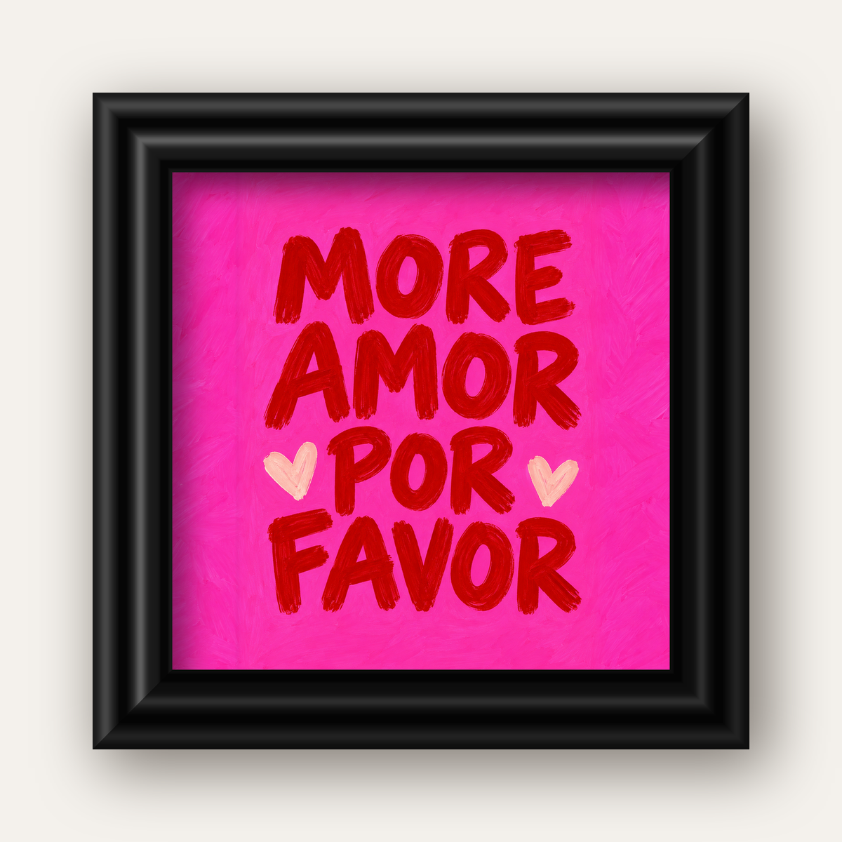 MORE AMOR POR FAVOR Renkli Kalp Desenli Poster — siyah galeri çerçeveli