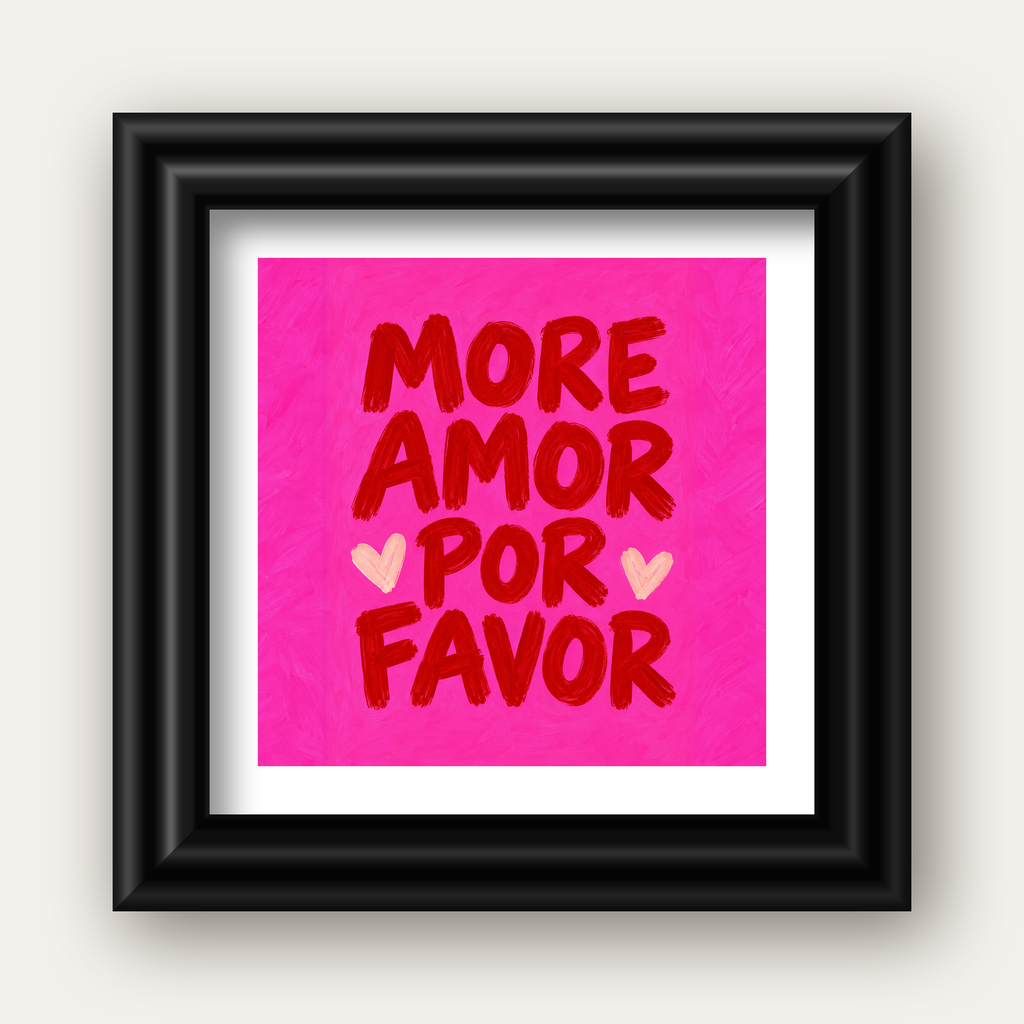 MORE AMOR POR FAVOR Renkli Kalp Desenli Poster — siyah galeri çerçeveli paspartulu