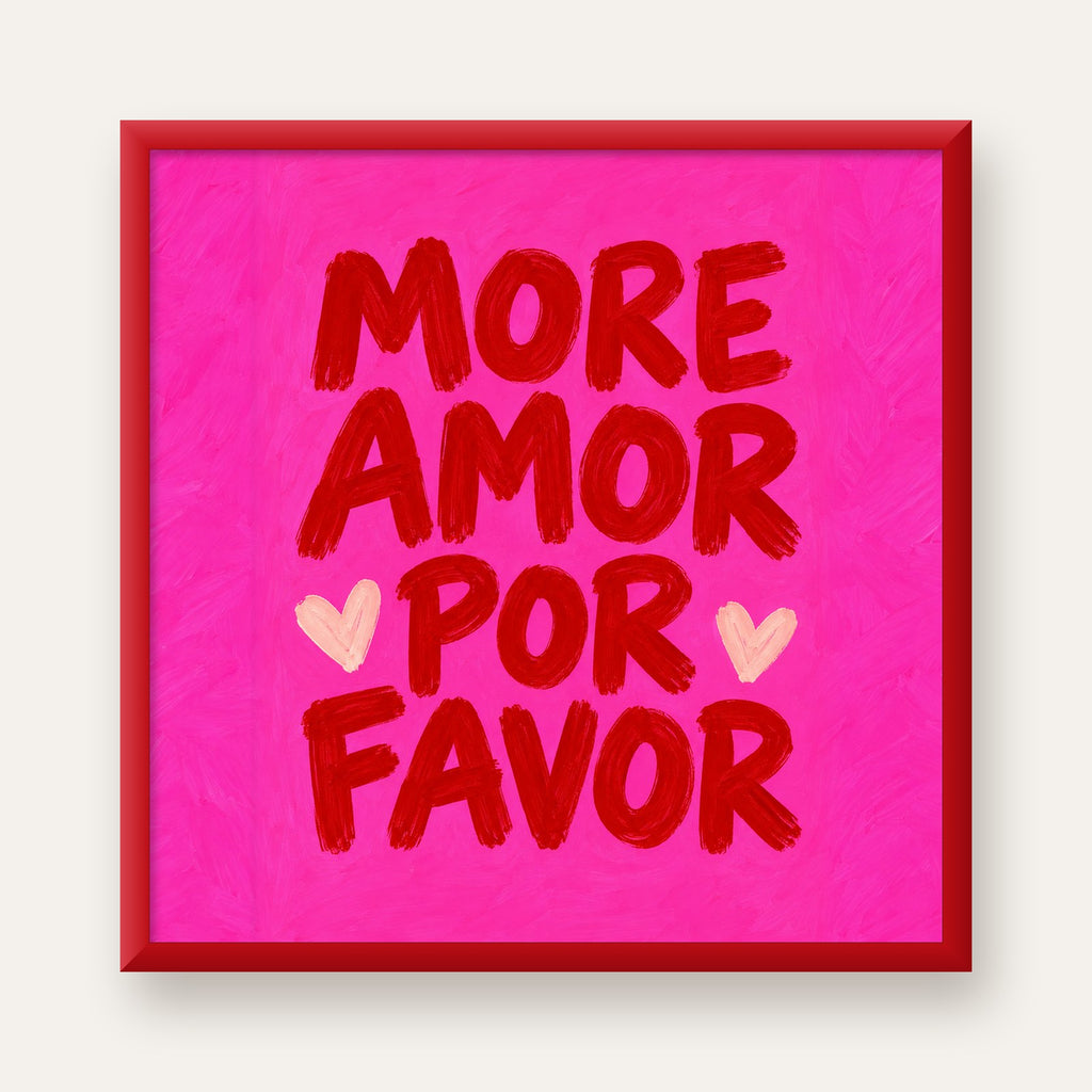 MORE AMOR POR FAVOR Renkli Kalp Desenli Poster — kırmızı çerçeveli