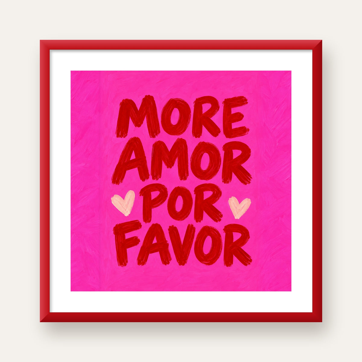 MORE AMOR POR FAVOR Renkli Kalp Desenli Poster — kırmızı çerçeveli paspartulu