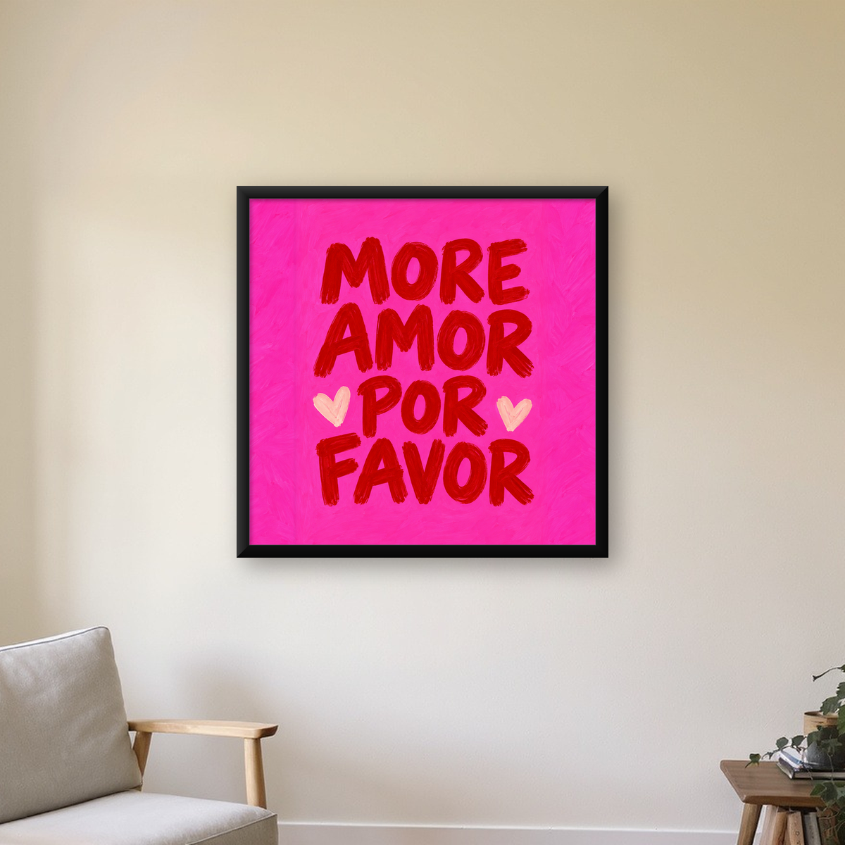 More Amor Por Favor Renkli Tipografik Aşk Posteri — Kare baskı, çerçeveli hâliyle bir ev duvarında