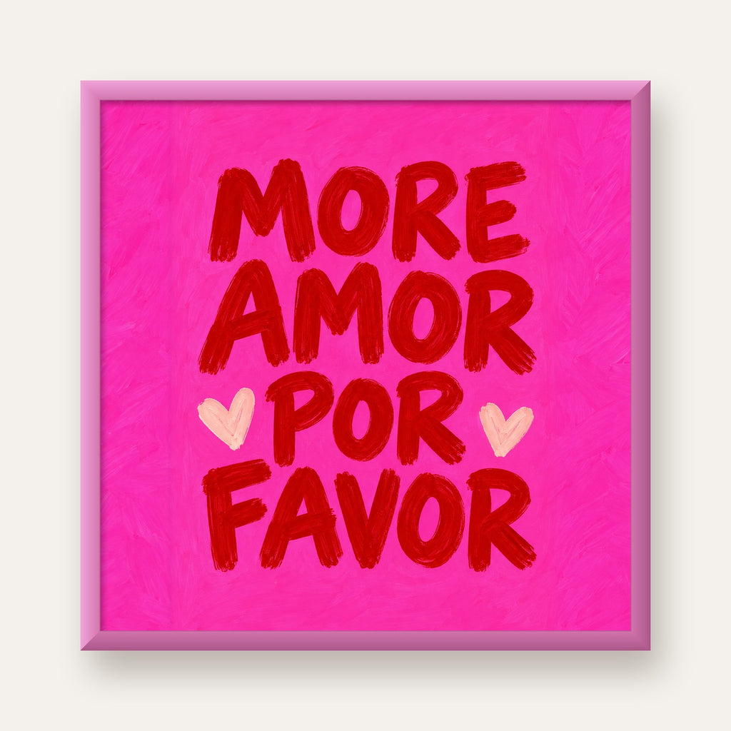 MORE AMOR POR FAVOR Renkli Kalp Desenli Poster — pembe çerçeveli