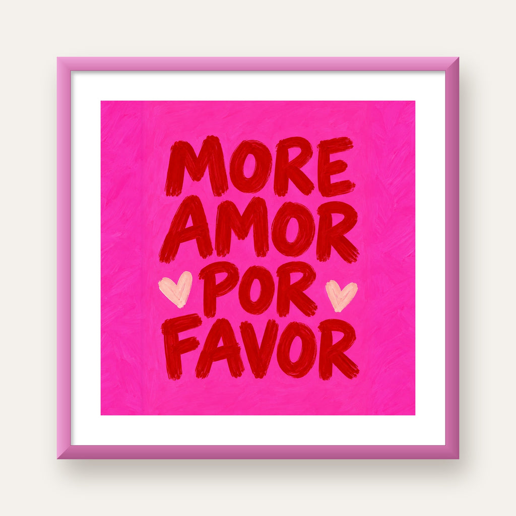 MORE AMOR POR FAVOR Renkli Kalp Desenli Poster — pembe çerçeveli paspartulu
